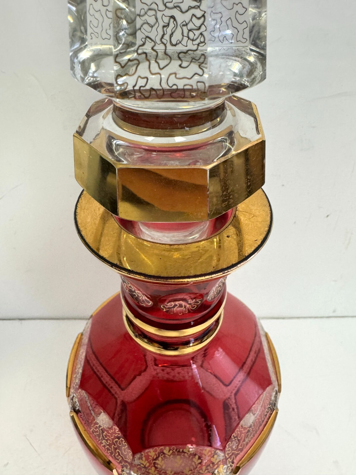 Vintage Bohemian Cranberry Crystal Decanter 18.25" H w/Gold Accents Moser?