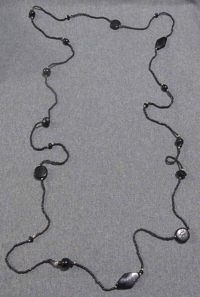 Vintage flapper style assorted black glass + tiny silvertone beaded necklace