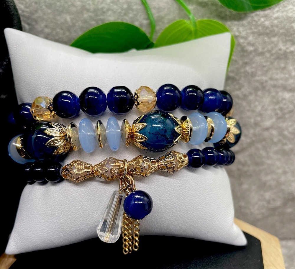 3 PC Handmade Boho Beaded Stackable 6.5” Plus Stretch Bracelet Set New B1348