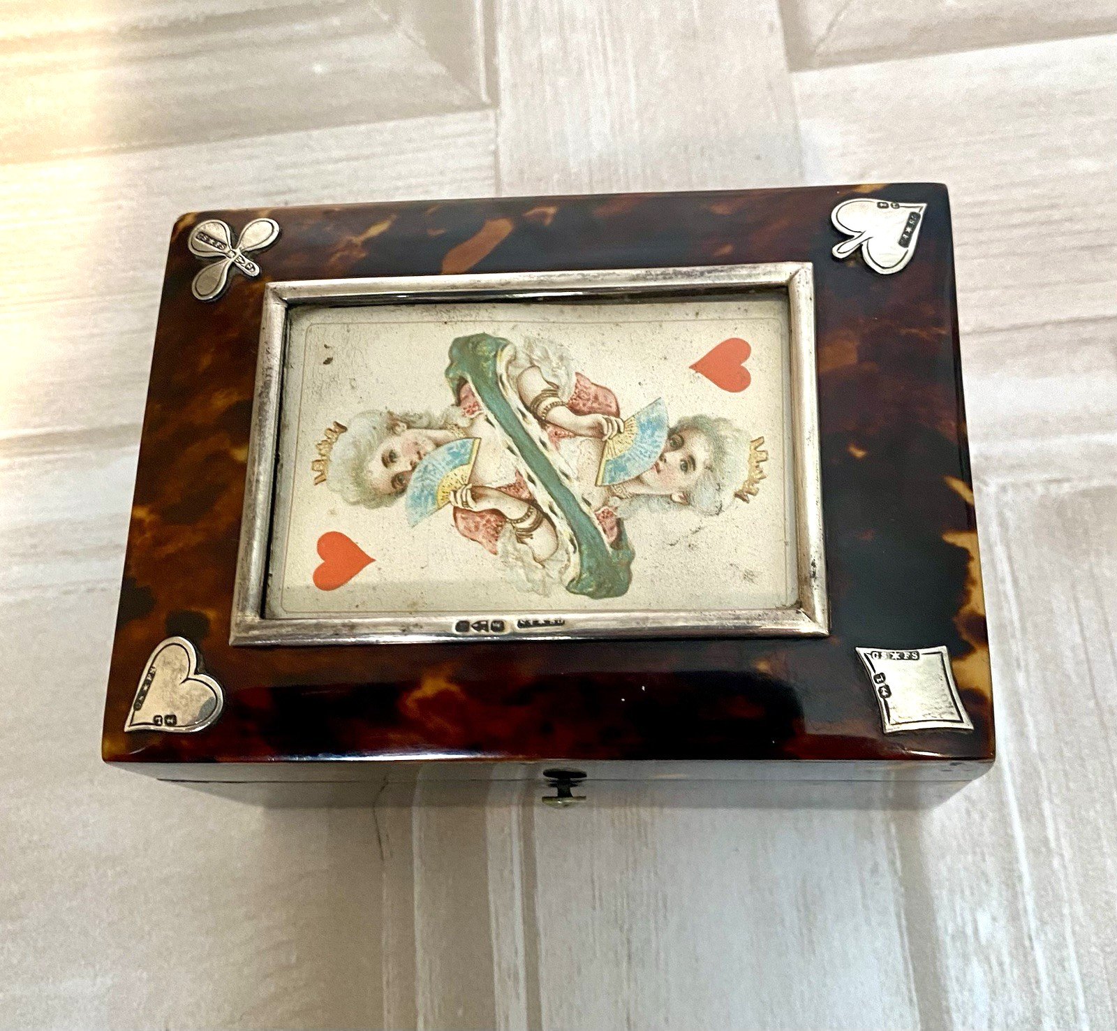 Antique Sterling Silver Tortoise Shell Playing Card Bridge Box - Chester 1894