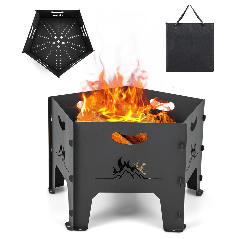 Portable Fire Pit w/Storage Bag Plug-in Design Unique Pentagonal Shape Patio