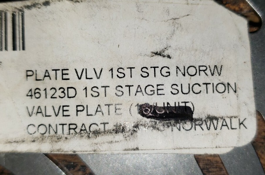 NORWALK COMPRESSOR COMPRESSOR SUCTION PLATE 1ST STAGE PART # 46123D