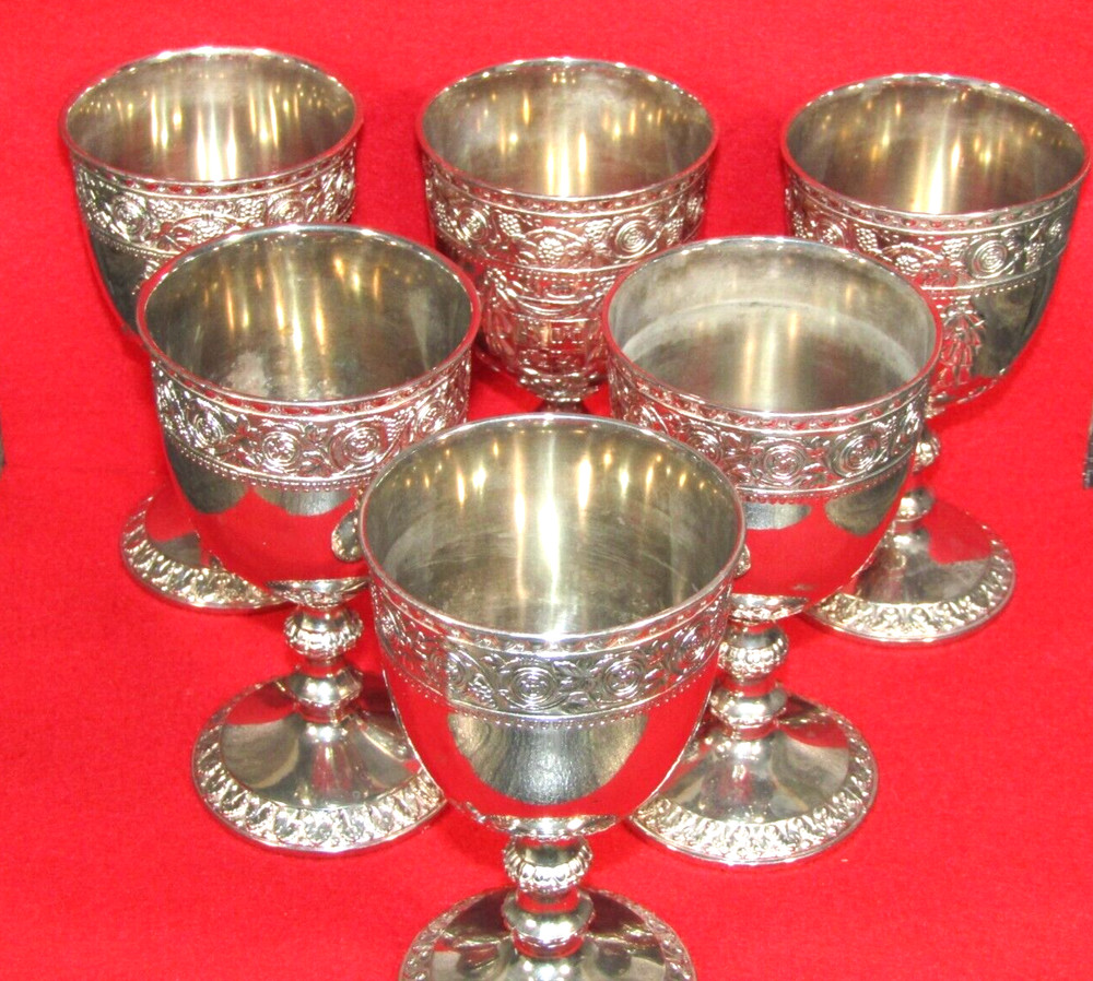 6 Vintage Cordell & Co Silver Plate Wine Goblets Chalice Tarnish Protected 5"
