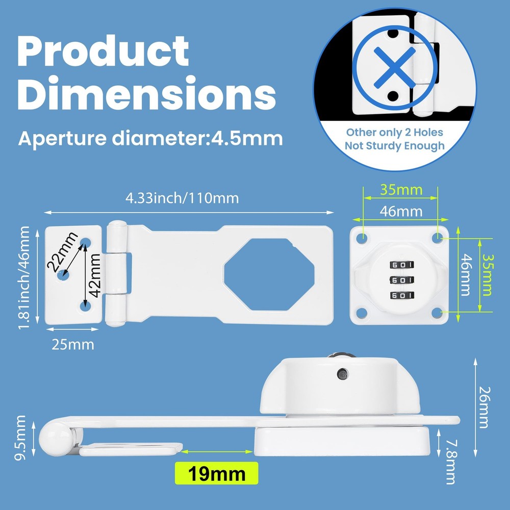 Keyless Cabinet Lock Combination Code 3-Digit Hasp Latch White 4.5 Inch