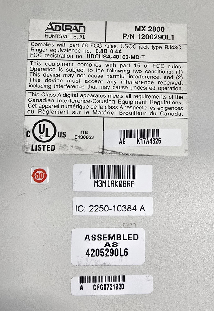 AdTran MX2800 Multiplexer P/N 1200290L1 Chassis Only
