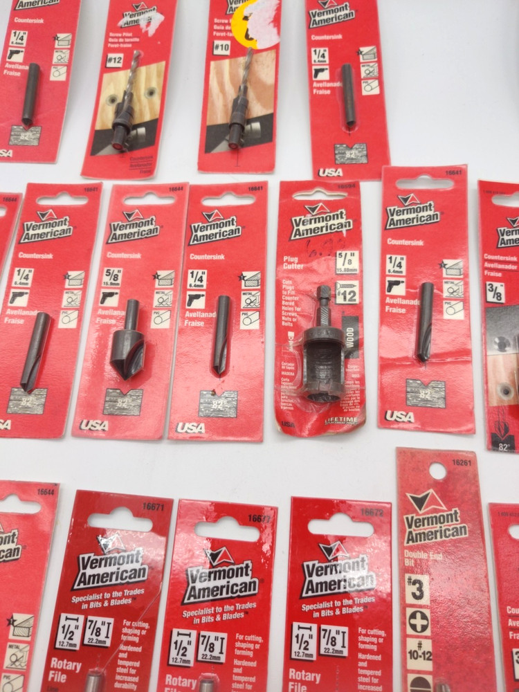 24pc Lot Assorted Vermont American Bits, Countersinks, Rotary File, Screw Pilot