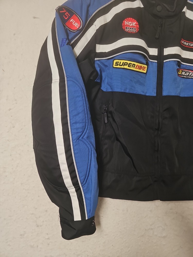 Firstgear Motorcycle Jacket Small Blue Black Embroidered Patches Safe Hypertex