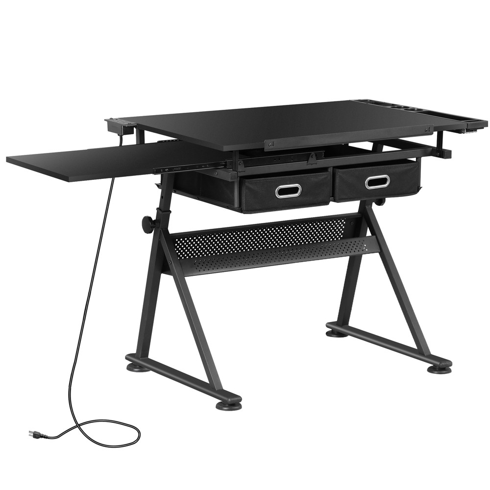 Drafting Desk Drawing Table Adjustable w/ Stool Arts & Charging Station Black