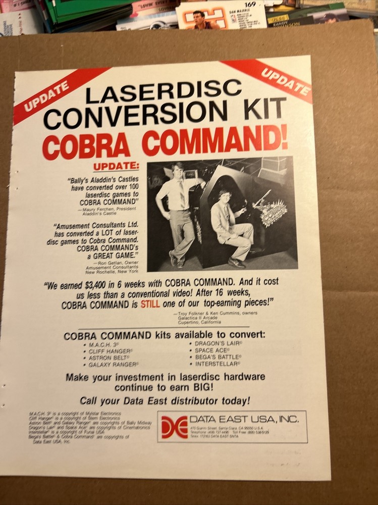Orginal 1984 11- 8'' Cobra Command Laser Disc, Data, East ARCADE GAME FLYER