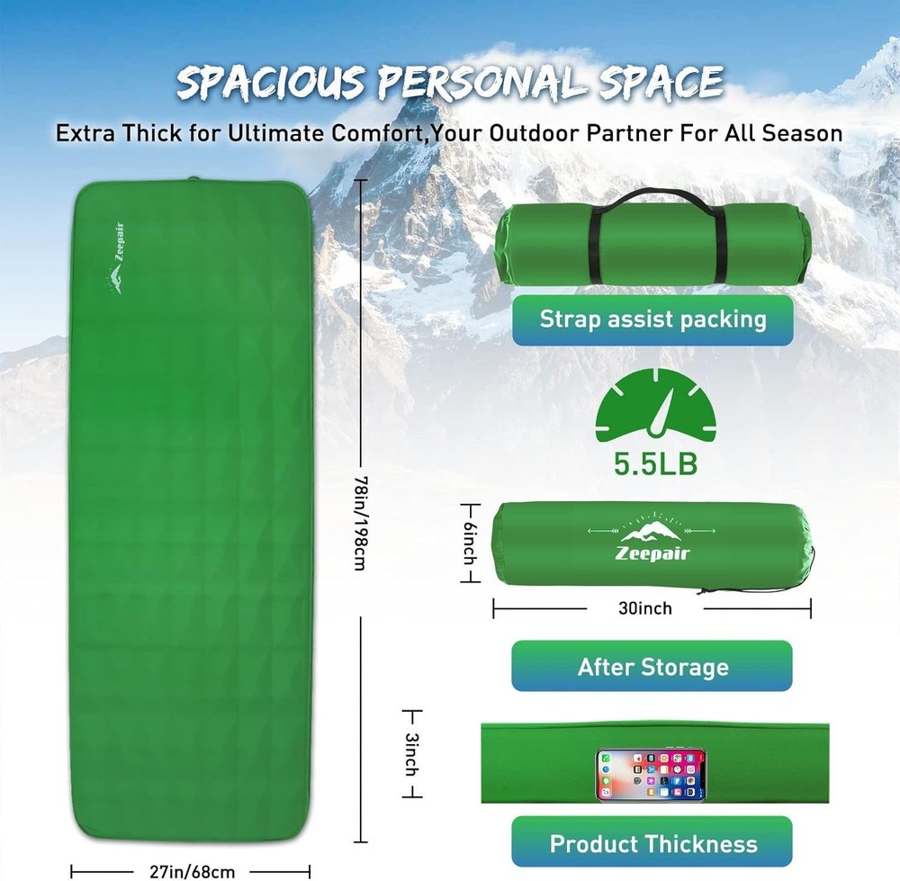 Sleeping Pad Camping Self-Inflating 9.5 R Value 3" Ultra-Thick Memory Foam