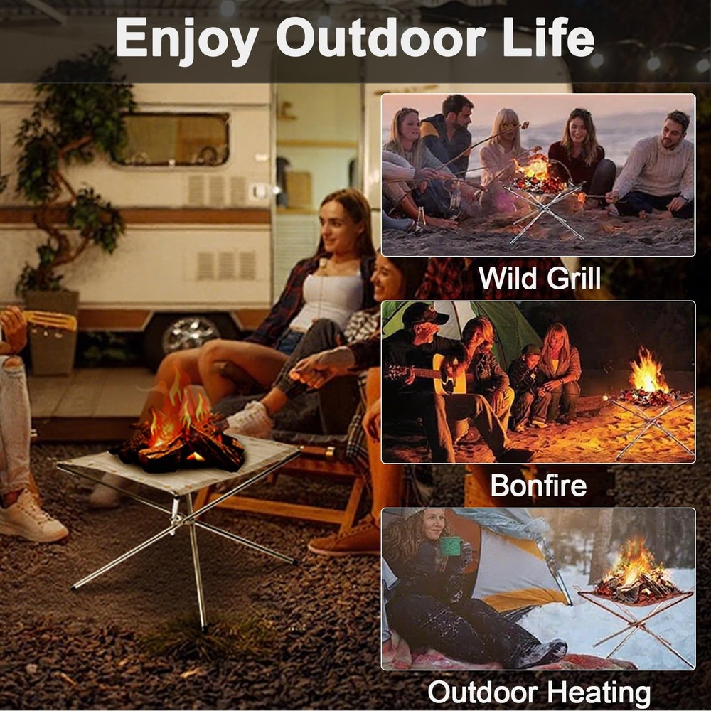 Portable Fire Pit for Camping 22Inch Collapsible Stainless Silver