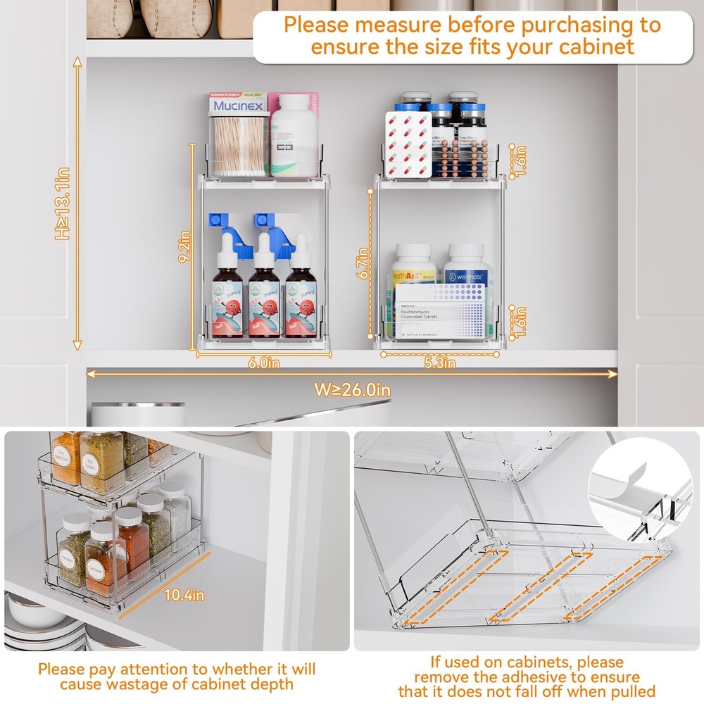 Yieach 4 Pack 2 Tier Vertical Spice Rack Pull Out 10.4'' Deep Narrow Slide Out O