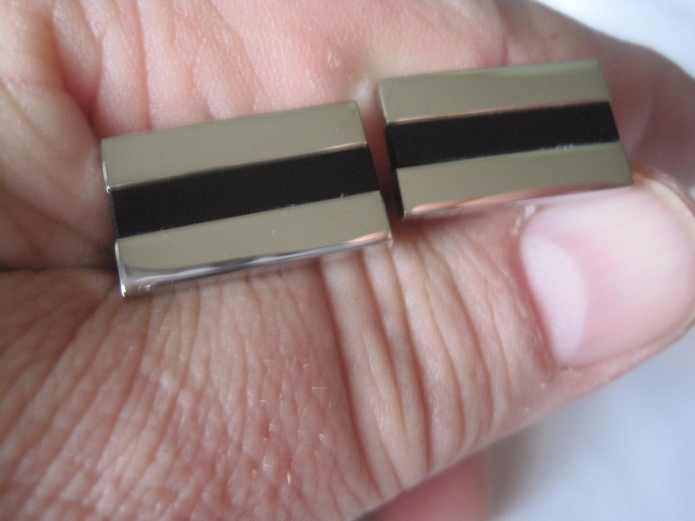 Umberto Bossi Silver-Tone Black Enamel Stripe Cufflinks