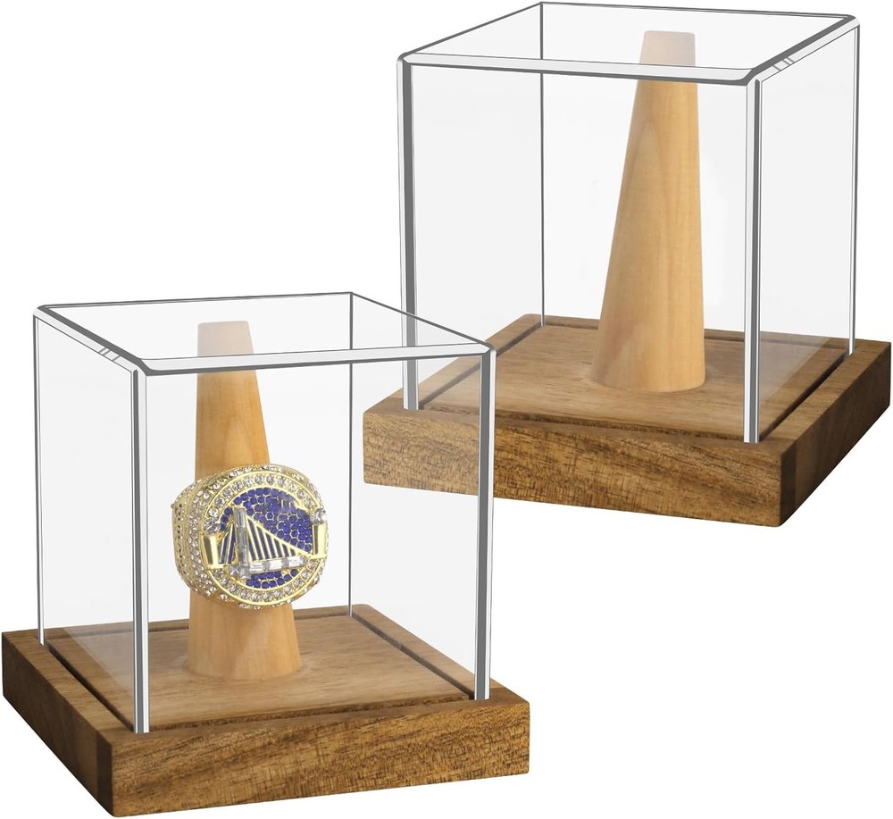 2 Pack Championship Ring Display Case Clear Acrylic Single Clear, Brown