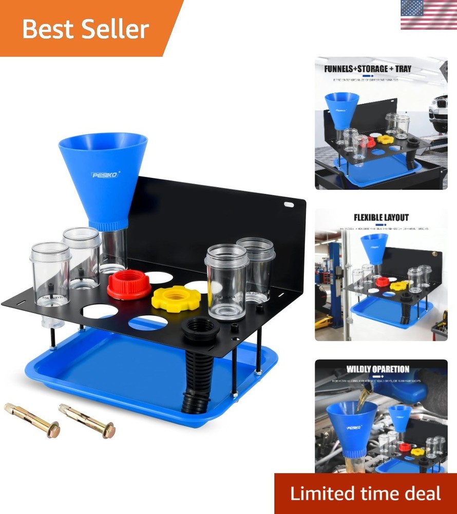 Hands-Free Oil Change Funnel Set - Clear, Durable & Space-Saving Storage Rack