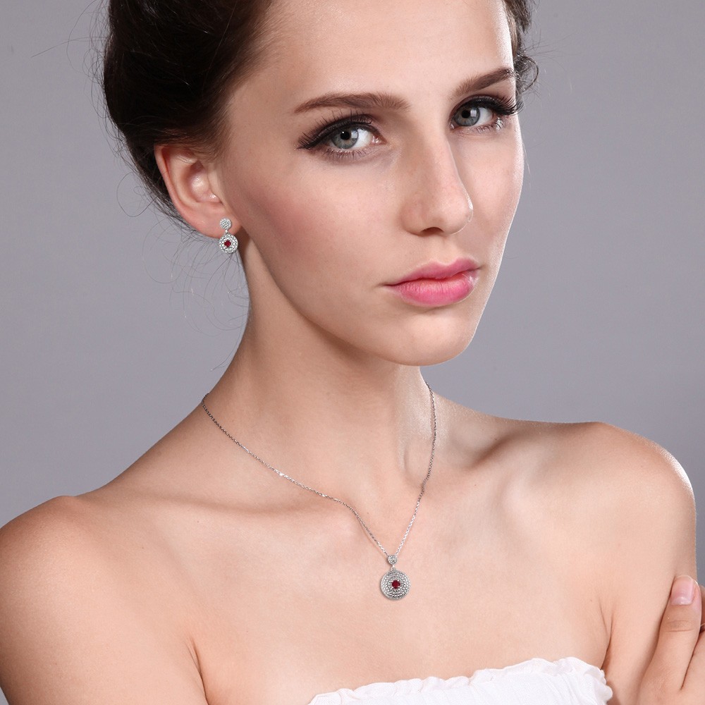 0.60 Ct Red Ruby Diamond Rhodium Plated Pendant Earrings Set