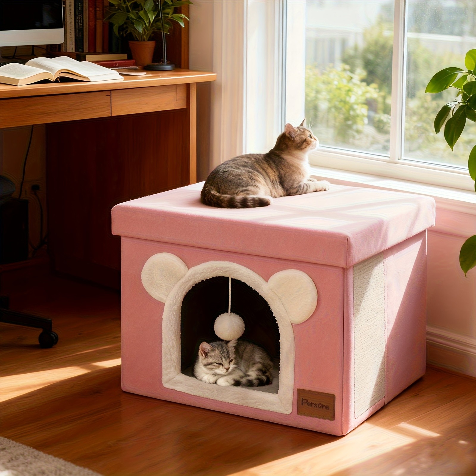 Interactive Indoor Cat Cube House Foldable Cute Cave Bed Condo Scratch Pad&Ball
