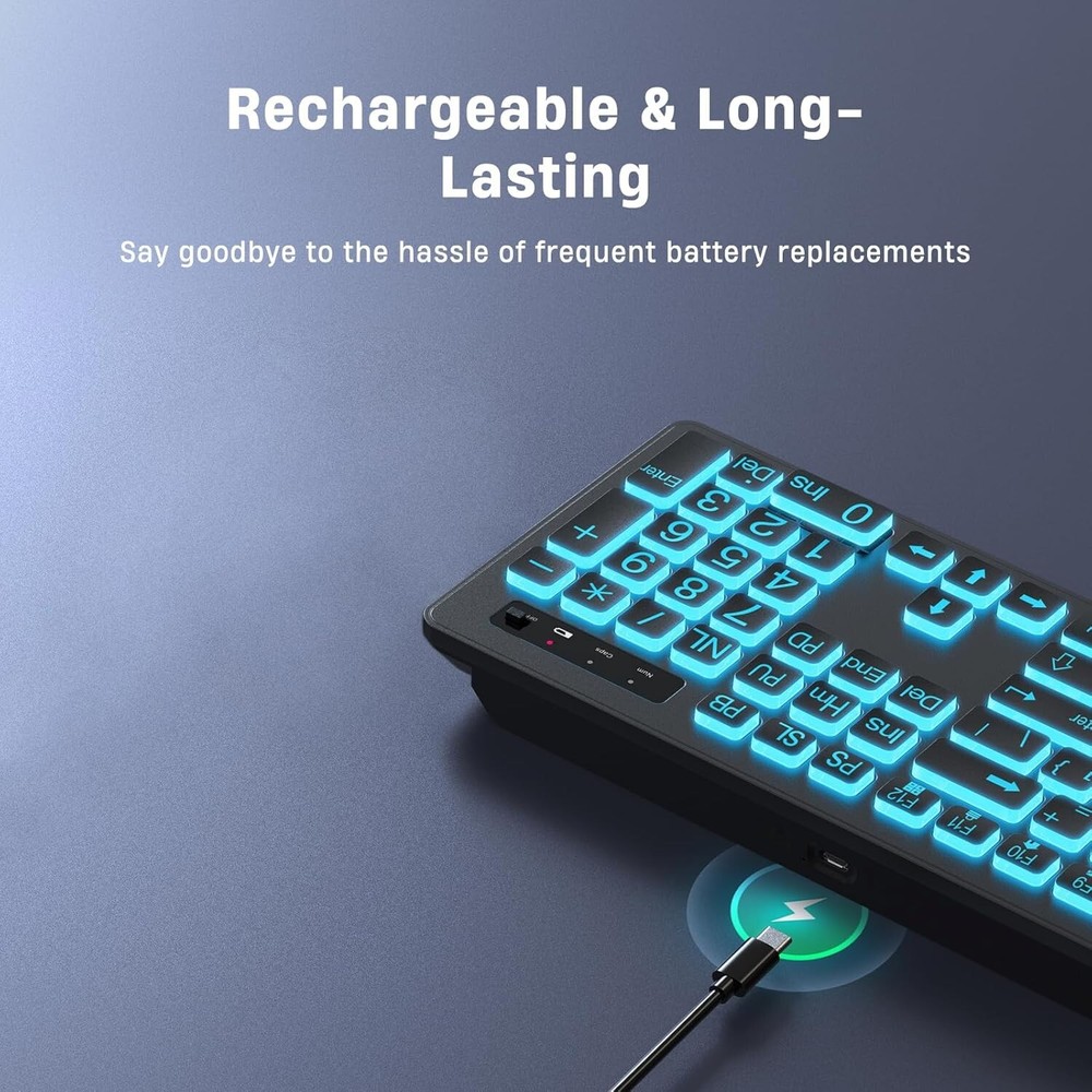 Large Print Backlit Wireless Keyboard, 2.4G Silent Wireless Light Up Keyboard