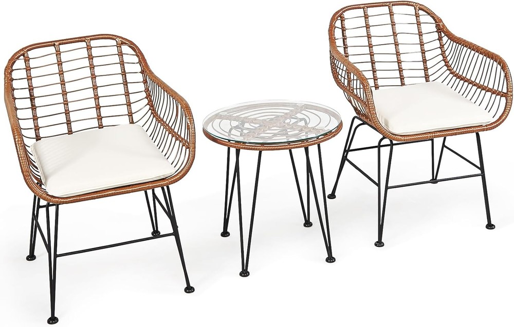 Wicker Bistro Set DORTALA 3 Piece Glass White