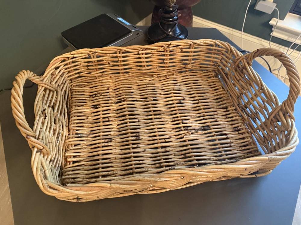 Large Rectangular Basket Wicker Rattan Tray with Handles 21x14x3.5"