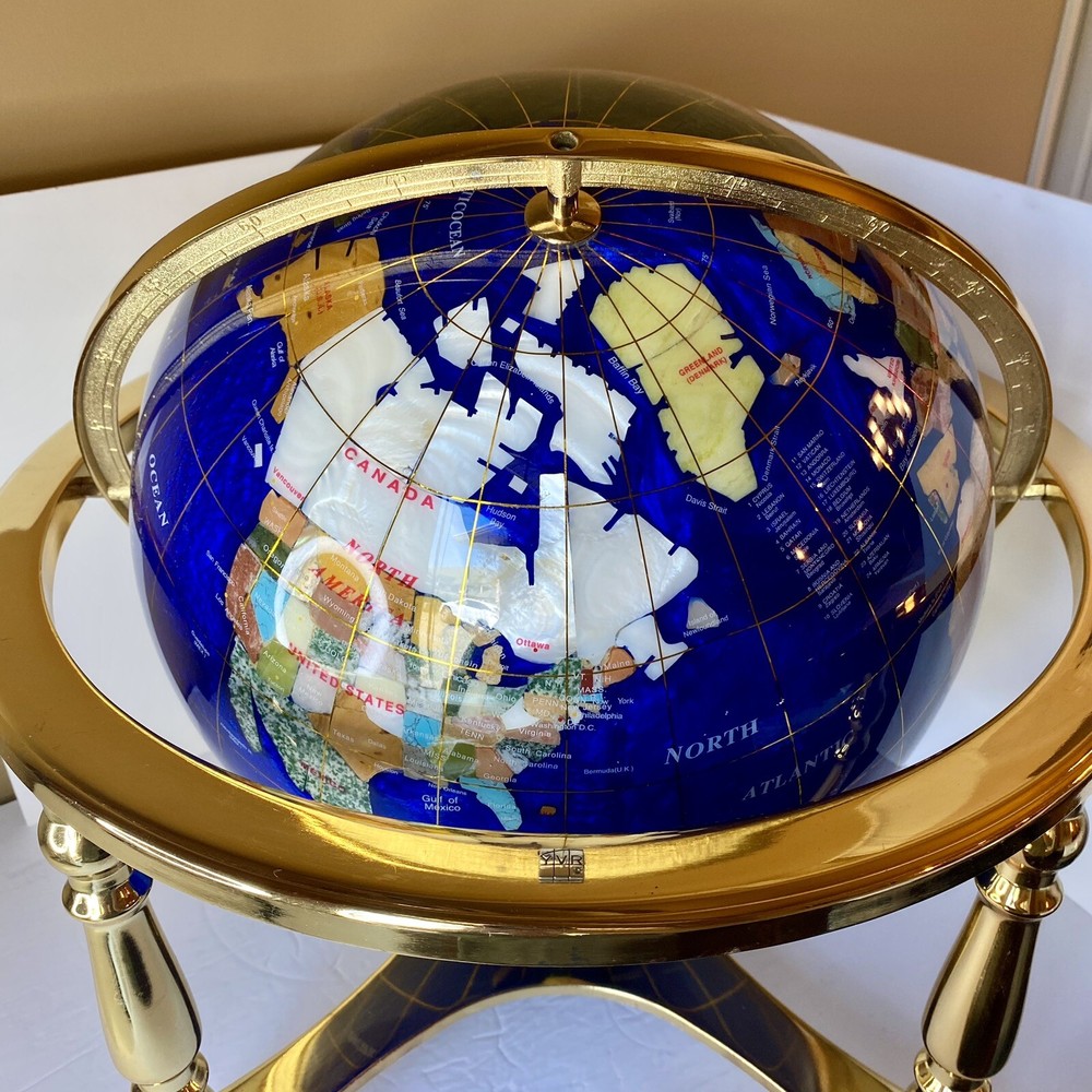 18”Blue Globe Ocean Gold 4 leg table stand Gem Gemstone World MAP Compass