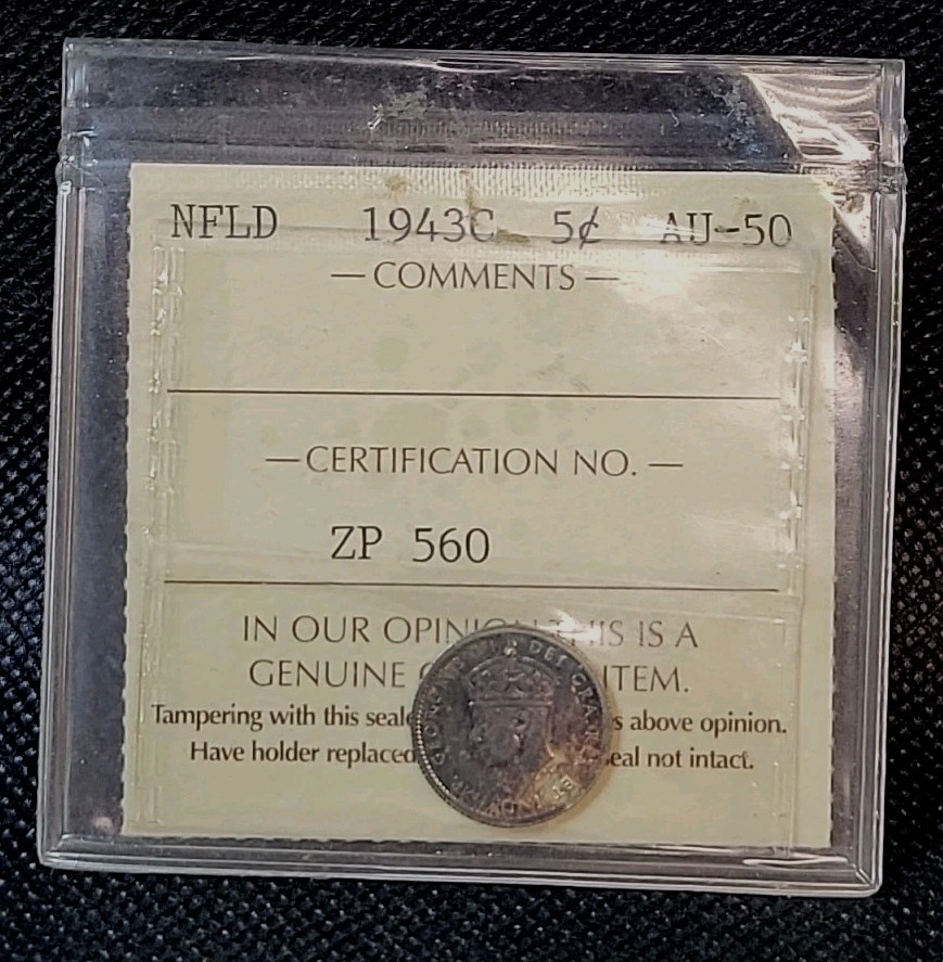 1943 C Newfoundland Canada George V Five 5c Cents ICCS AU50 About Uncirculated
