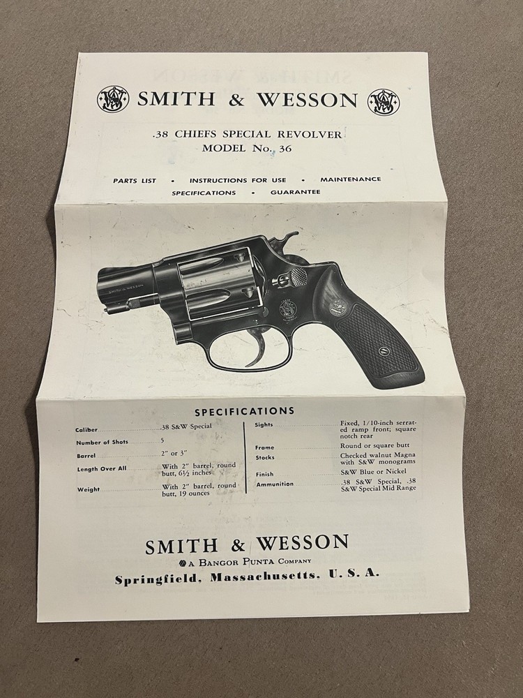 Factory Original Smith & Wesson Model 36 Manual S&W