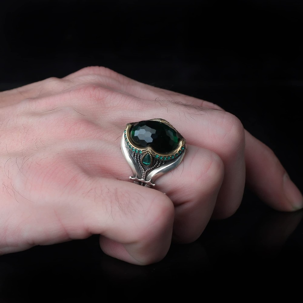 Emerald Stone Men Silver Ring, 925 Sterling Silver Emerald Gemstone Ring,