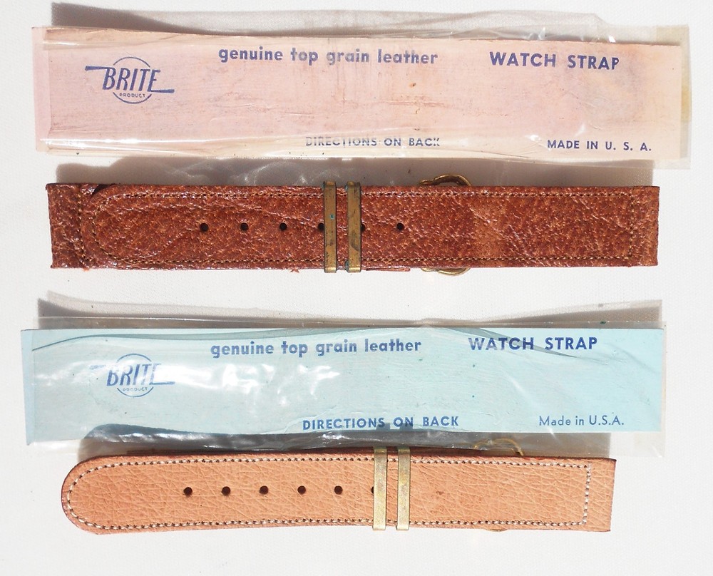 TWO MINT ORIG WW2 1944-DATED GI-ISSUE LEATHER WATCH BANDS, TAN GOATSKIN, BROWN