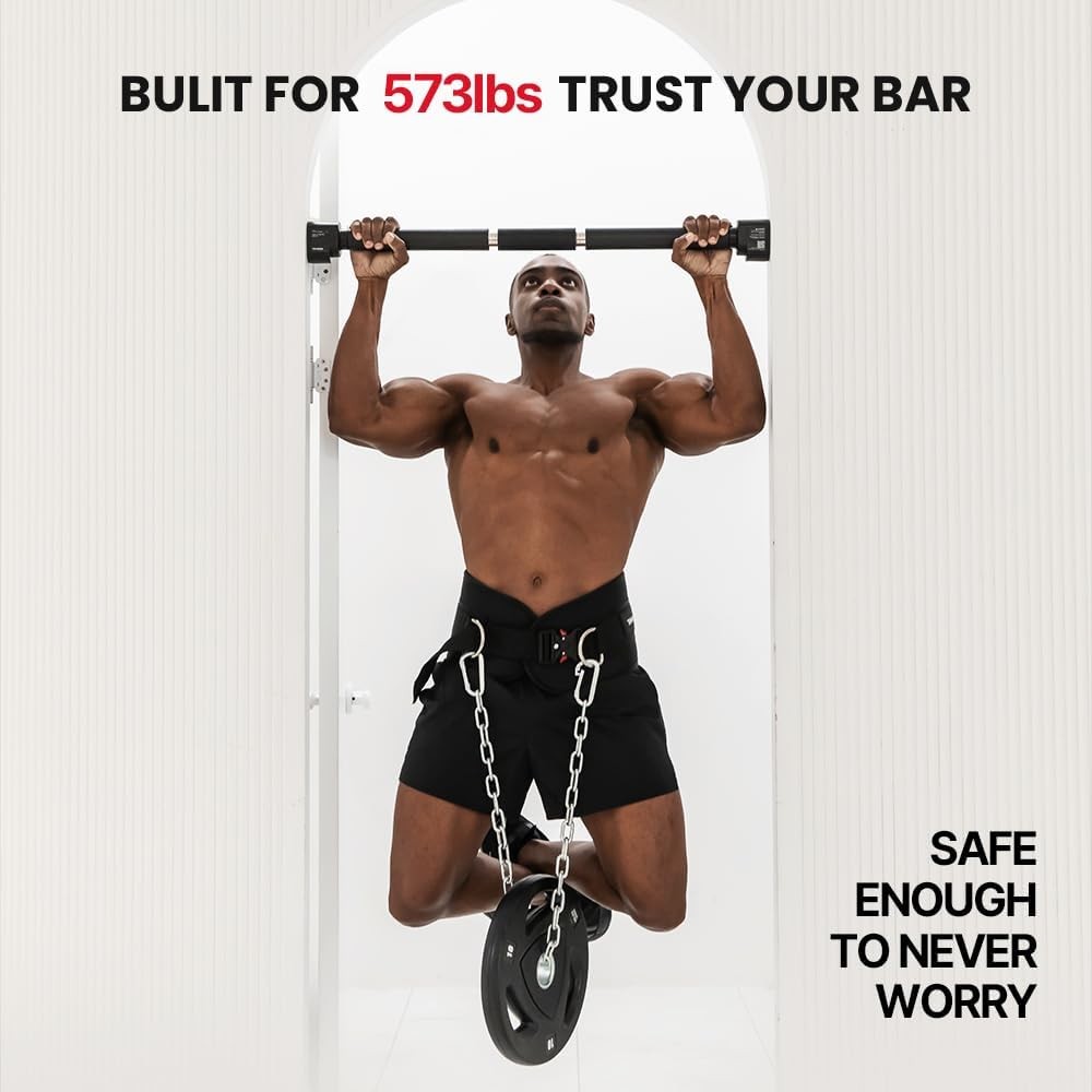 Doorway Pull Up Bar, Patented Flat Structure with Uninterrupted Full-Length Grip