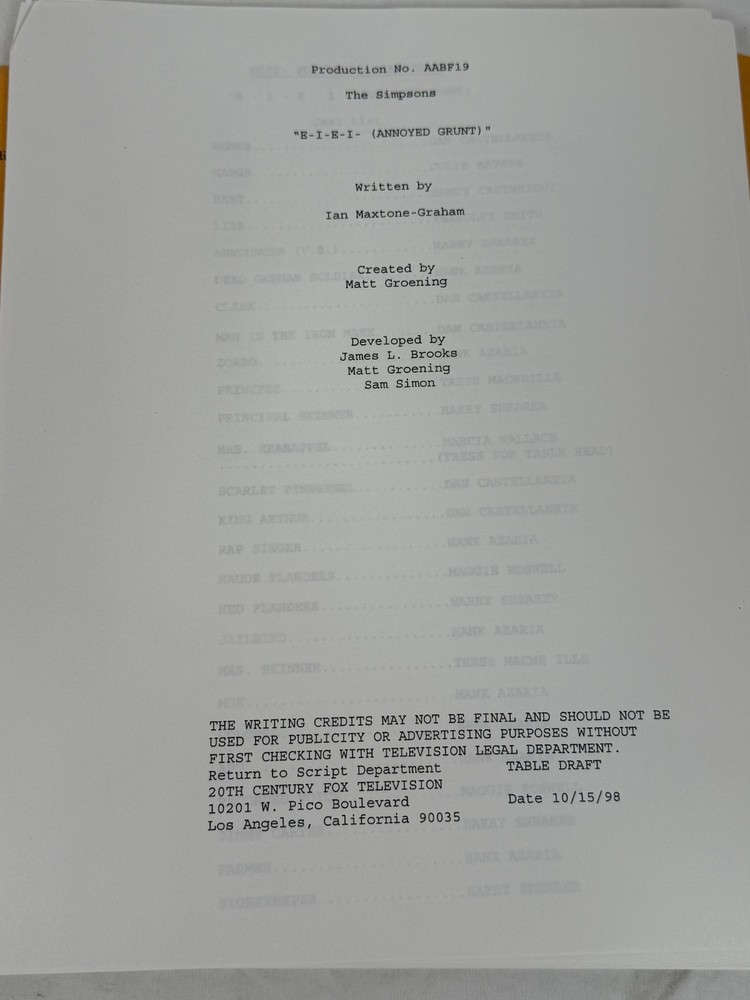 The Simpsons Production Script AABF19 “E-I-E-I (Annoyed Grunt)” 1998 TV Script
