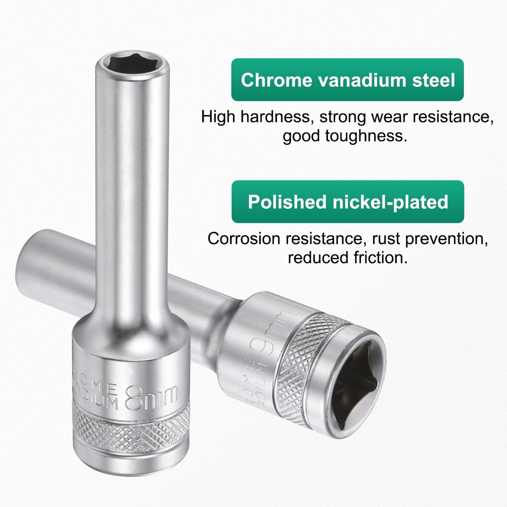 2pcs 6 Points Deep Socket 1/2" Drive 8mm Nickel Plating Hex Socket 3.1" Long