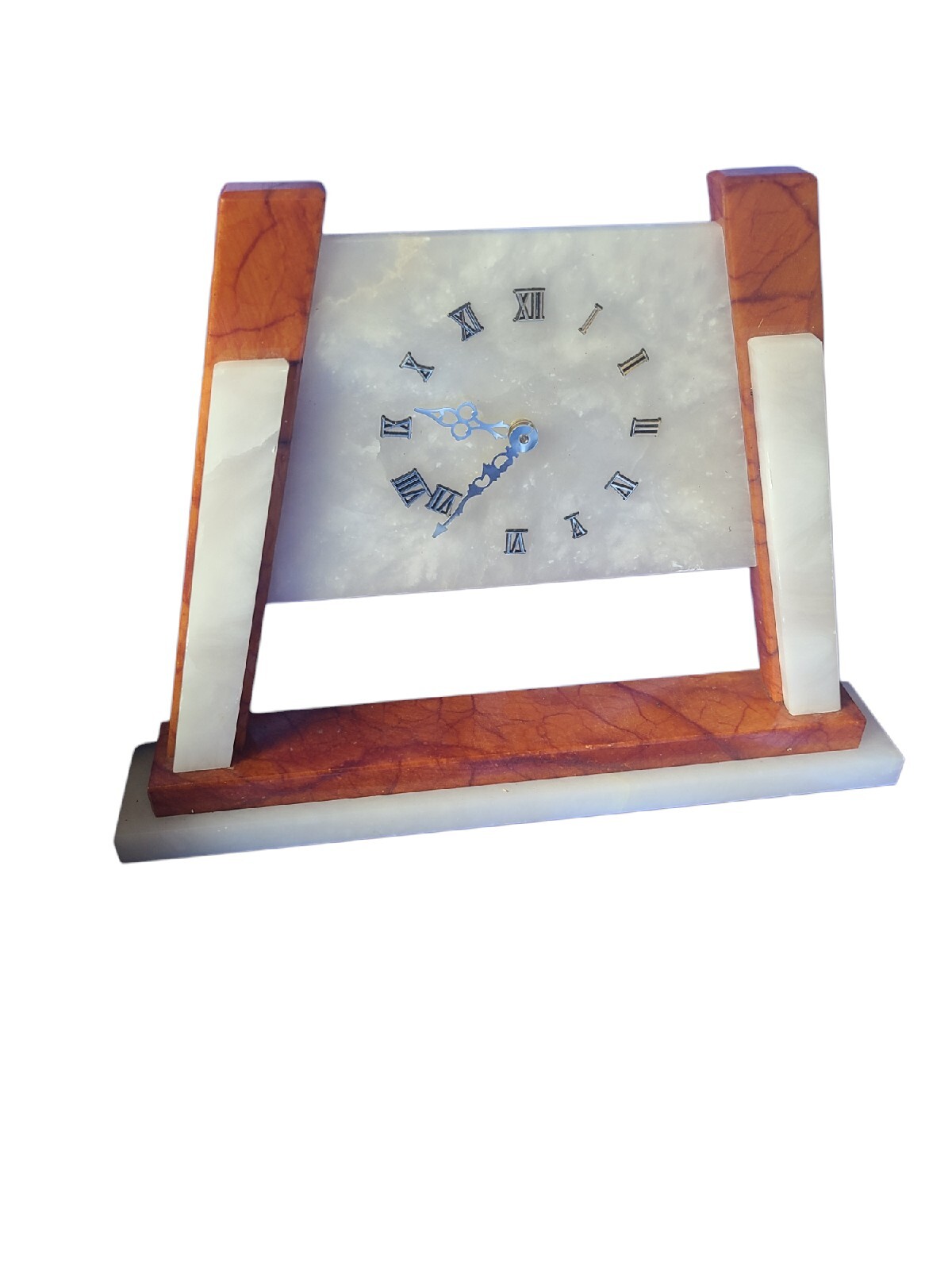 VIntage White And Brown Marble Mantle Clock MCM  Pyramid Mid Century