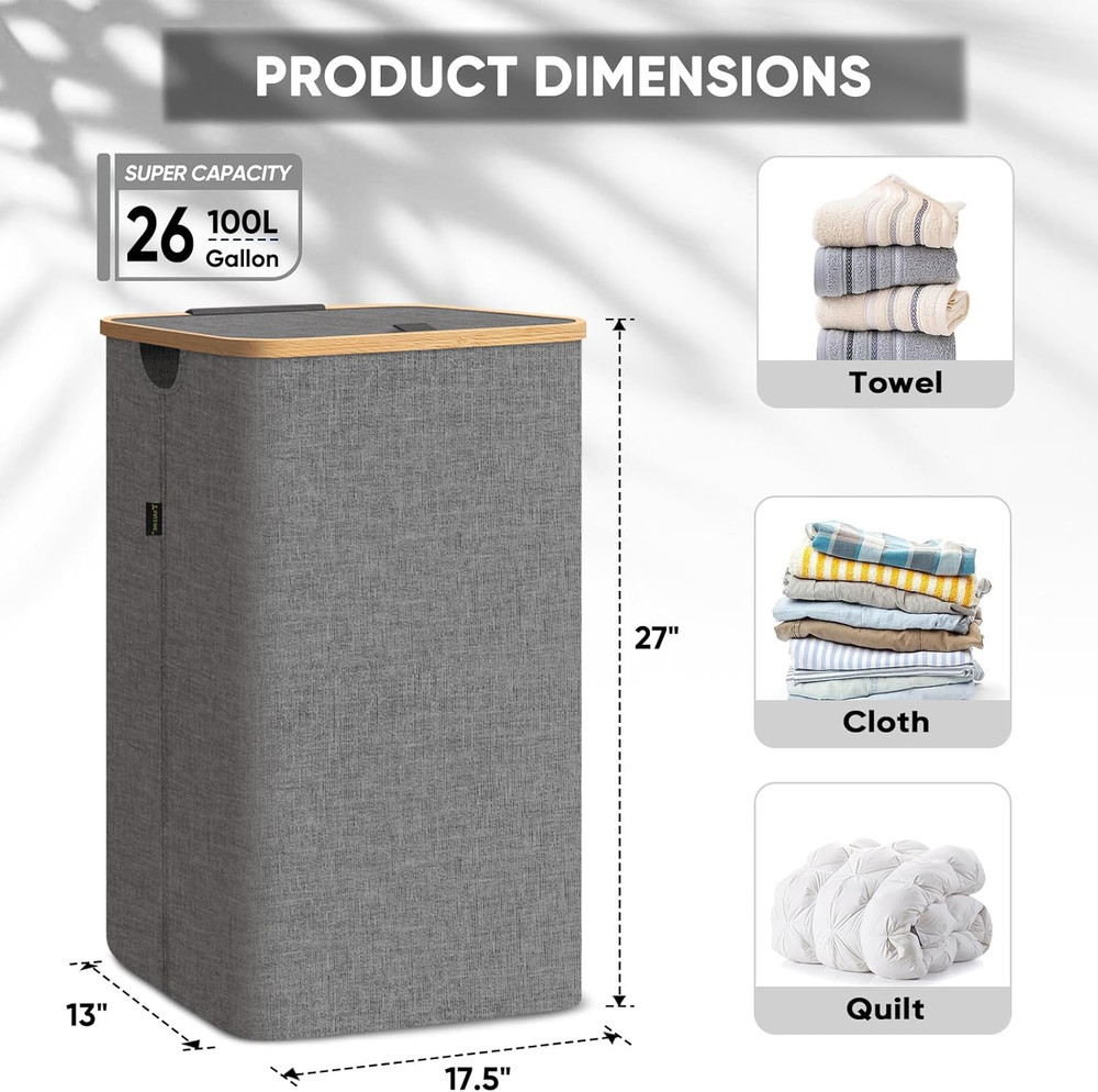 Laundry Hamper with Lid, Tall Laundry Baskets with Bamboo Pull Handles, Large La