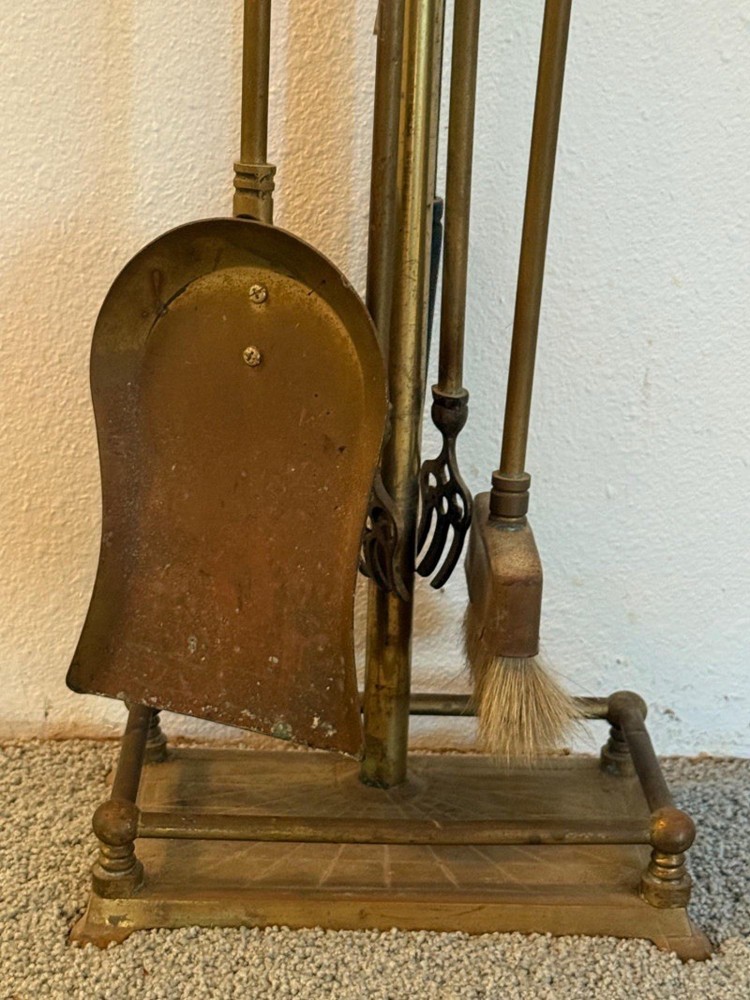 Vintage Brass/Cast Iron Heavy Solid 5-Piece Fireplace Tool & Stand Set