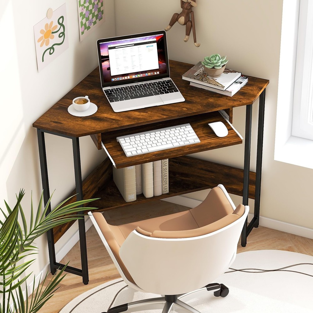Corner Desk, Triangle Computer Desk with Power Outlets, Small Desk for Small ...
