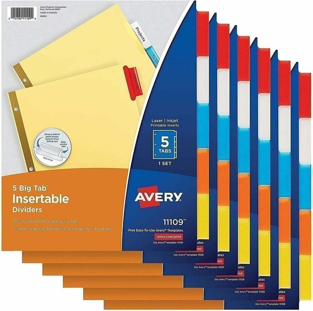 Avery 11109 5-Tab Binder Dividers, Insertable Multicolor Big Tabs, 6 Sets