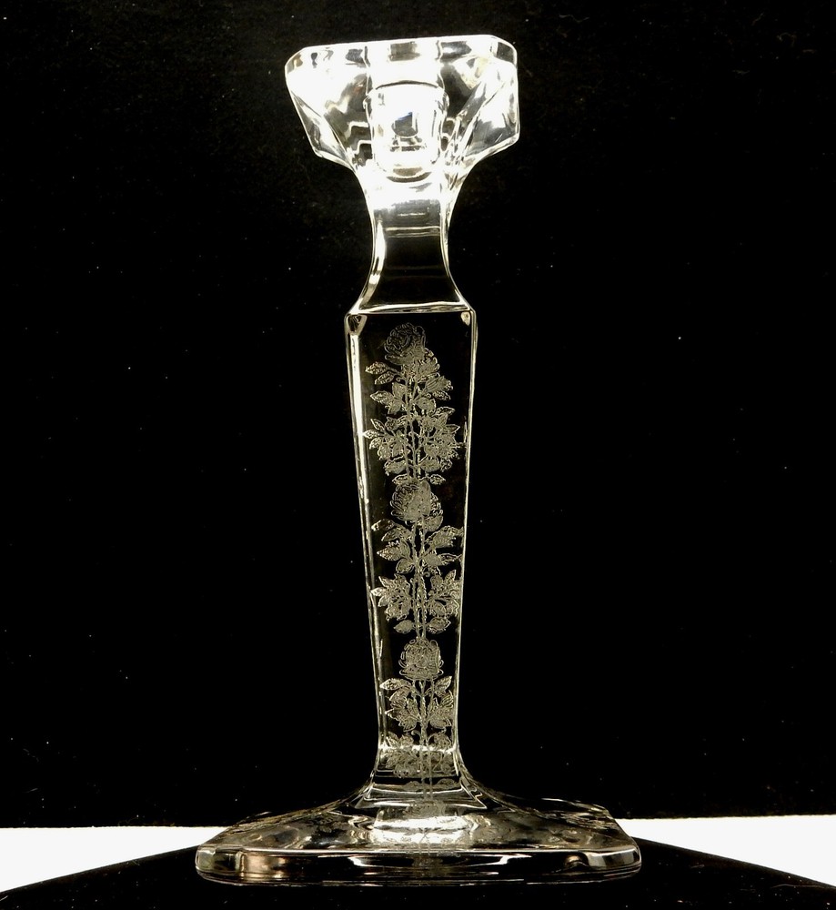 Vintage Etched Glass Square Candlestick, Tapered Column, Rose Pattern