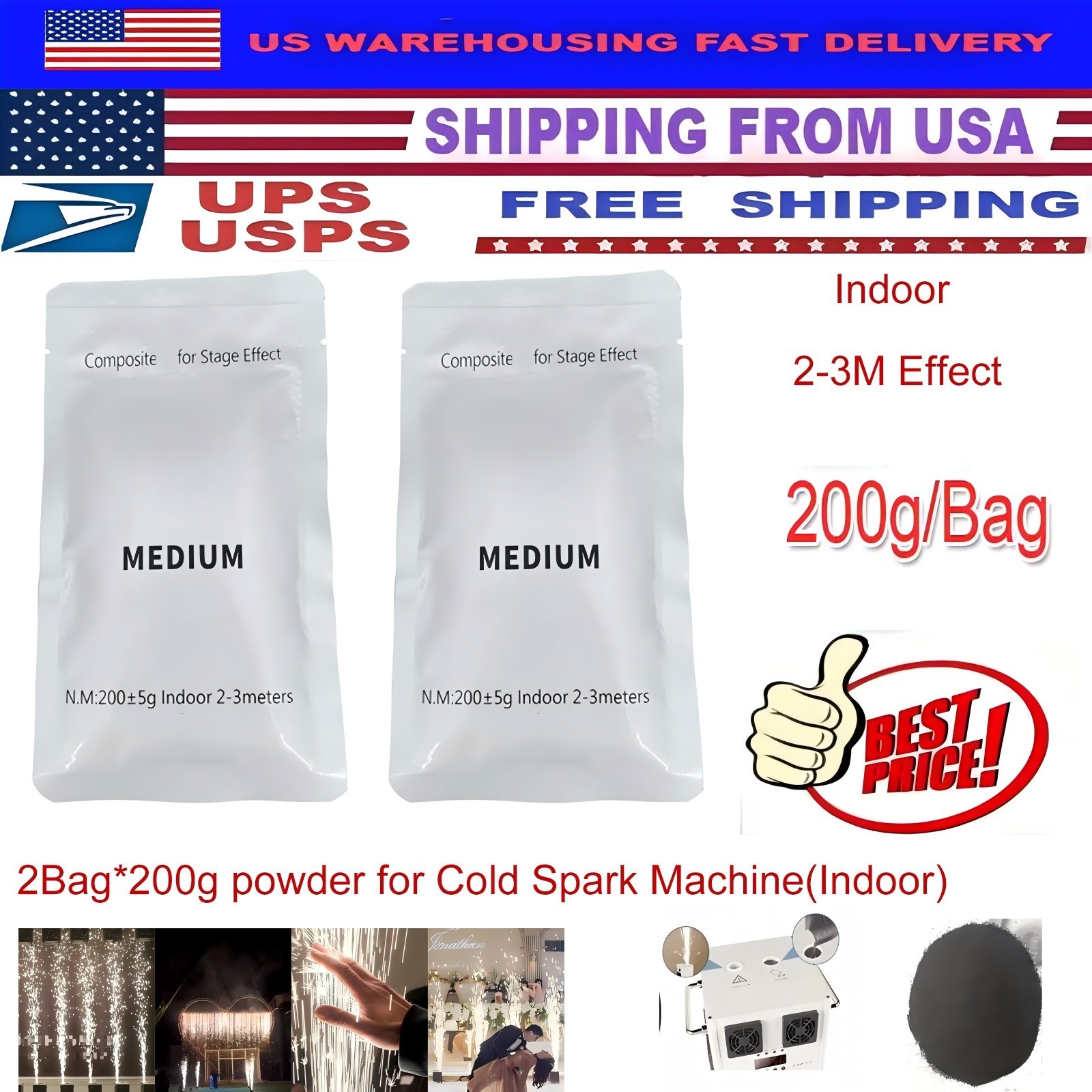 2/6/10 bags*200g Cold Spark Machine Ti Powder,Indoor 3-5M,for Stage(200g/Bag)