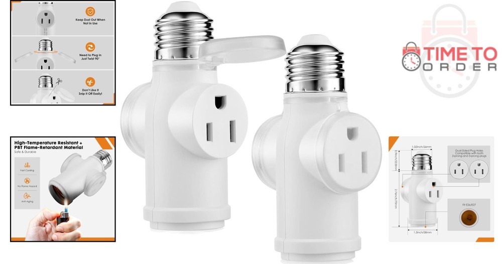 Light Socket Adapter 3 Prong Splitter Waterproof Dustproof White 2-Pack