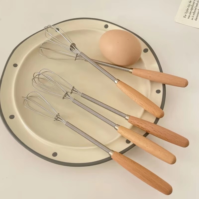 3Pcs Whisk With Solid Wood Handle Kitchen Mini Stainless Steel Egg Beater
