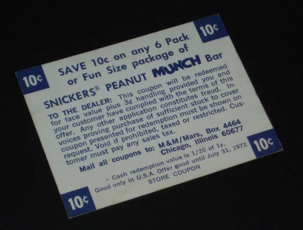 1972 Snicker Peanut MUNCH Candy bar coupon