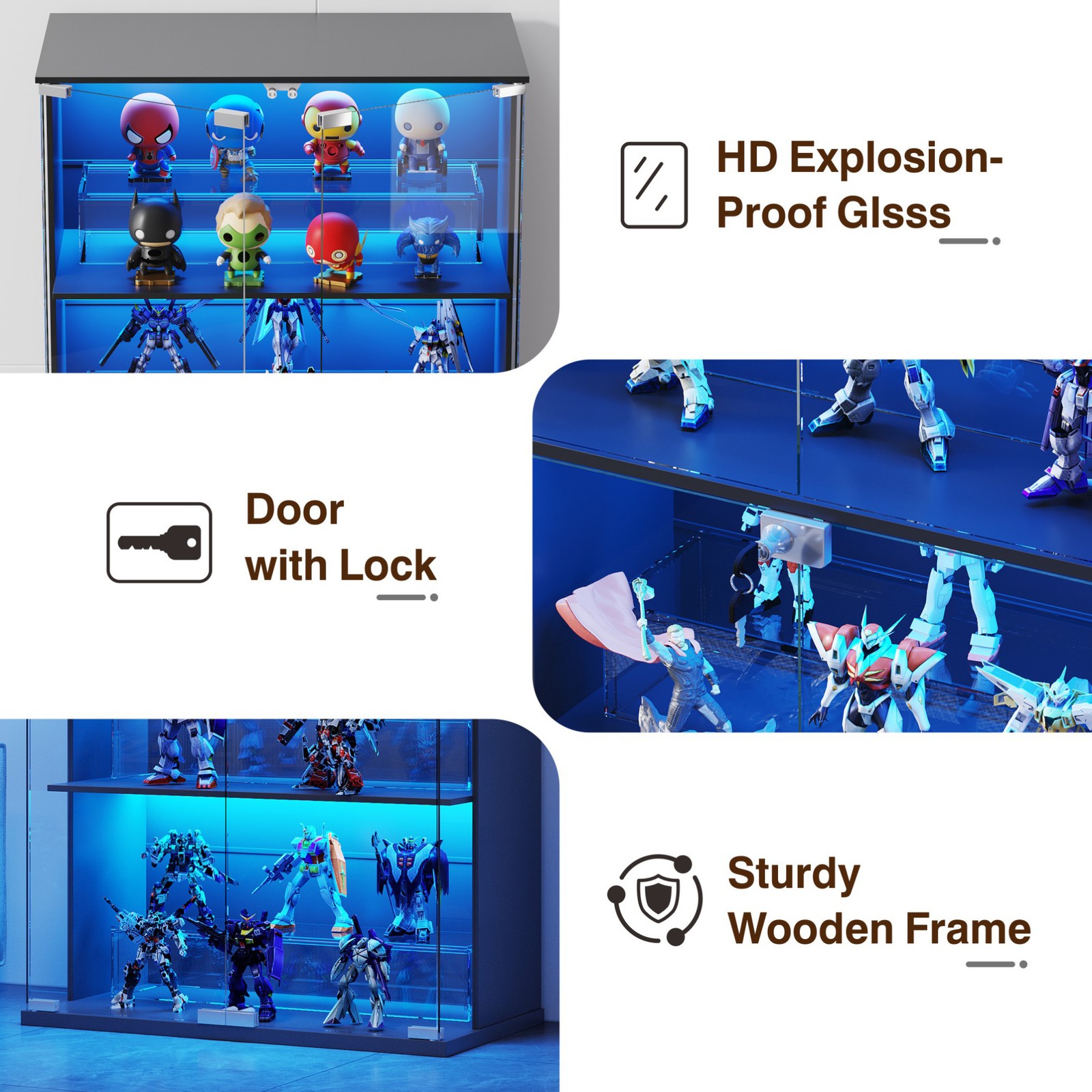 Display Cabinet with Glass Doors, Curio Cabinet with LED Lights for Collectibles