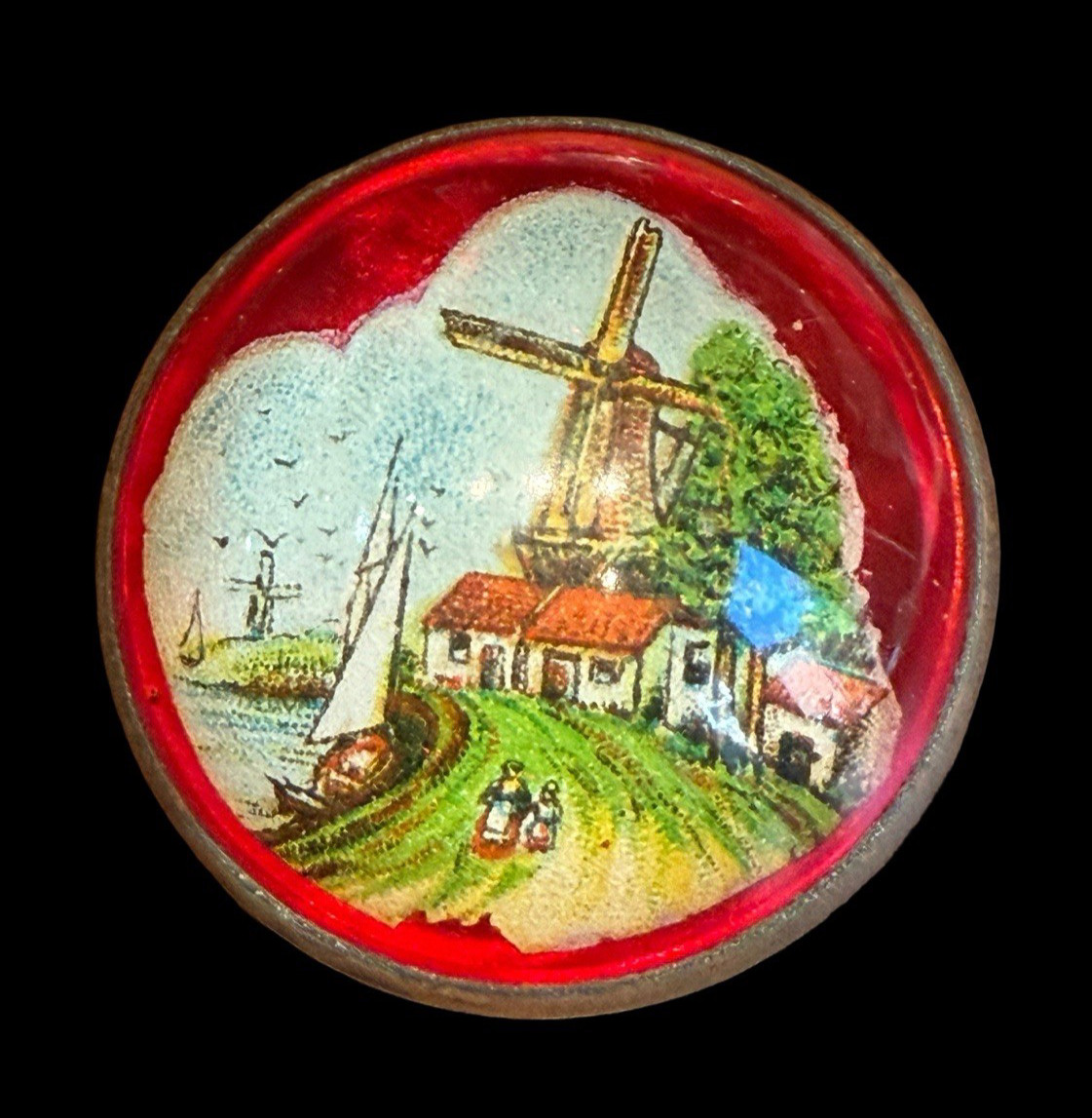 Antique Horse Bridle Rosette/Pin WINDMILL VILLAGE  RED Background 1 & 5/8"