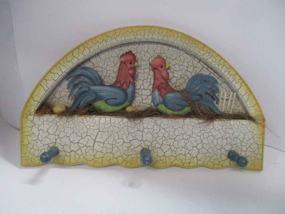 Wood Rooster Design Coat Rack with 3 Hooks