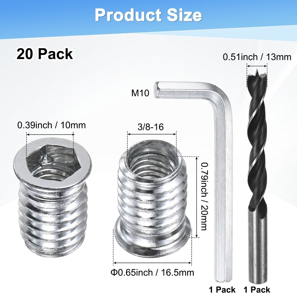 20-Pack Threaded Inserts, 3/8-16x20mm Nuts with A Wrench and Drill Bit [Silver]