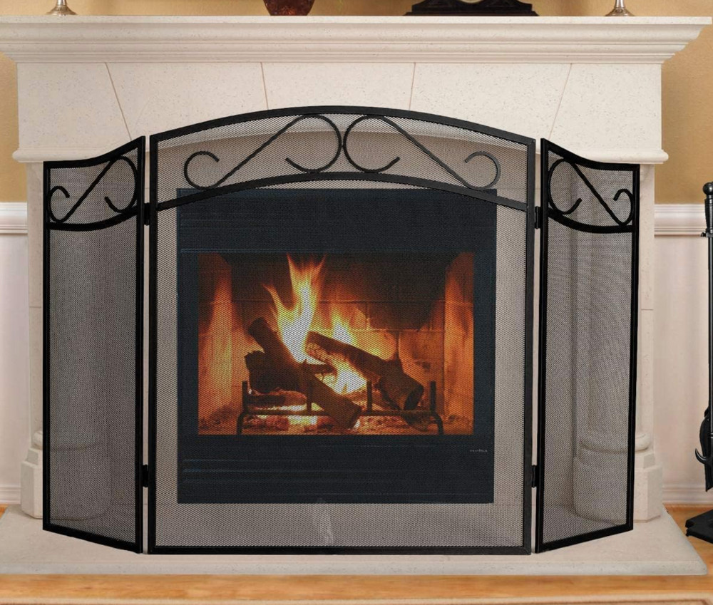 3 Panel Wrought Iron Fireplace Mesh Black Screen Guard Traditional Scrollwork