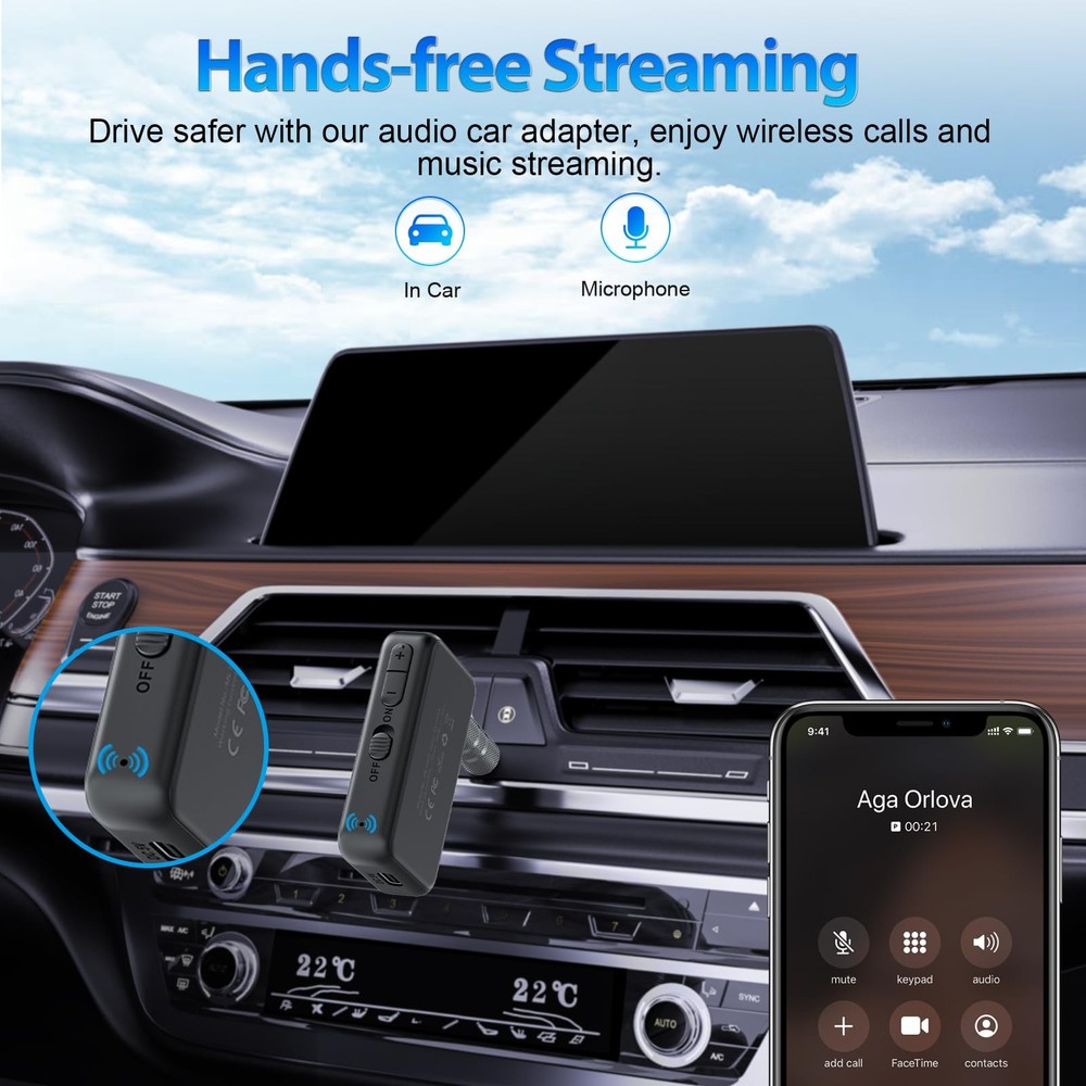 1Mii LDAC Bluetooth Aux Adapter for Car, Wireless 5.3 Small, Black
