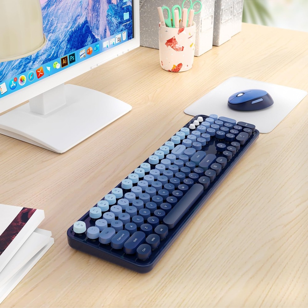 Wireless Keyboard and Mouse Combo, Retro Typewriter Keyboard with Round Keyca...