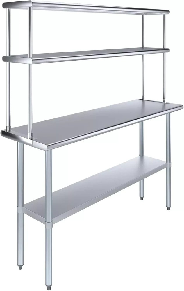 Kitchen Prep Stainless Steel Work Table w/ Double Overshelf, Commercial NSF